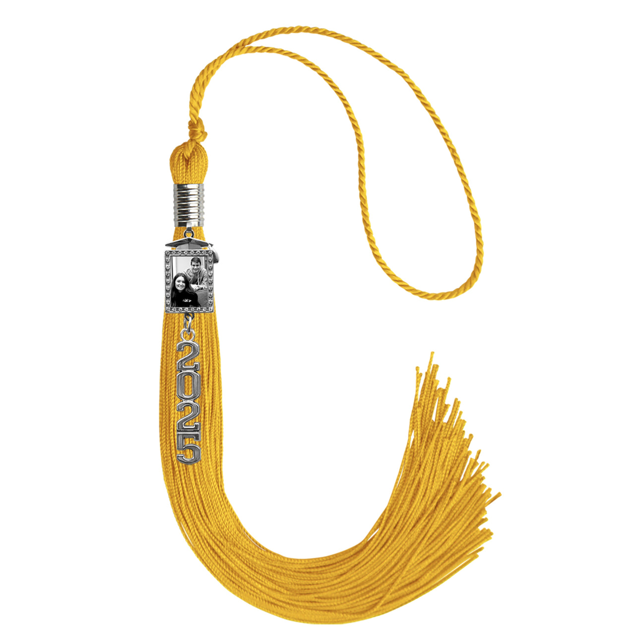 Gold Tassel with Photo Frame Charm and Stacked Date Drop