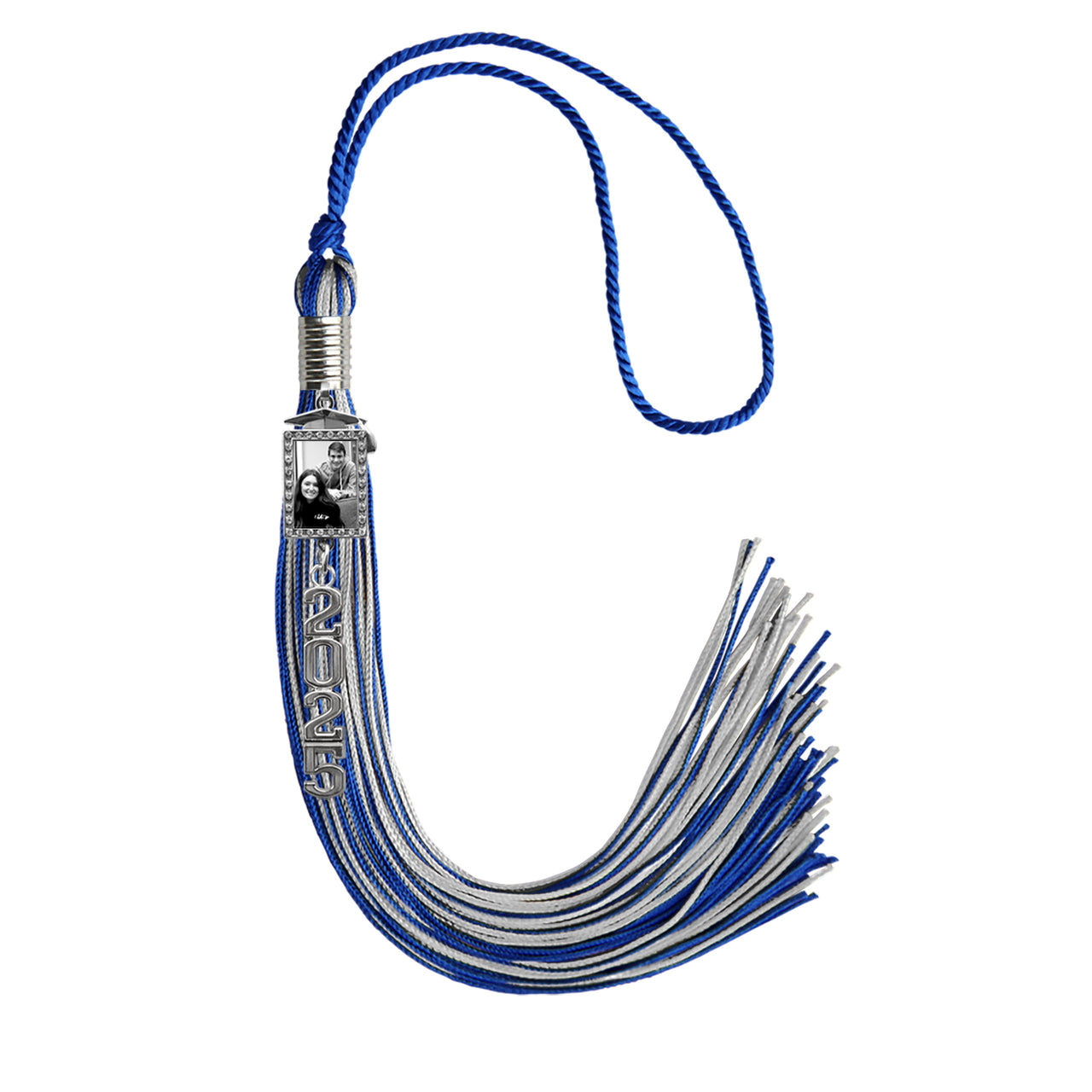 Royal Blue/Silver Tassel with Photo Frame Charm and Stacked Date Drop