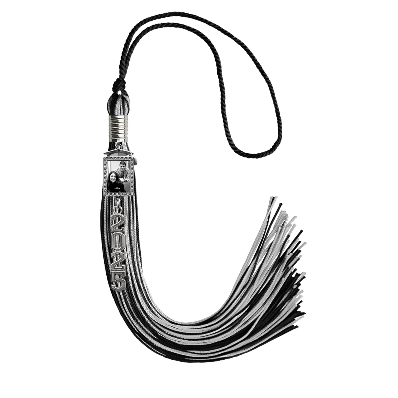 Black/Silver Tassel with Photo Frame Charm and Stacked Date Drop