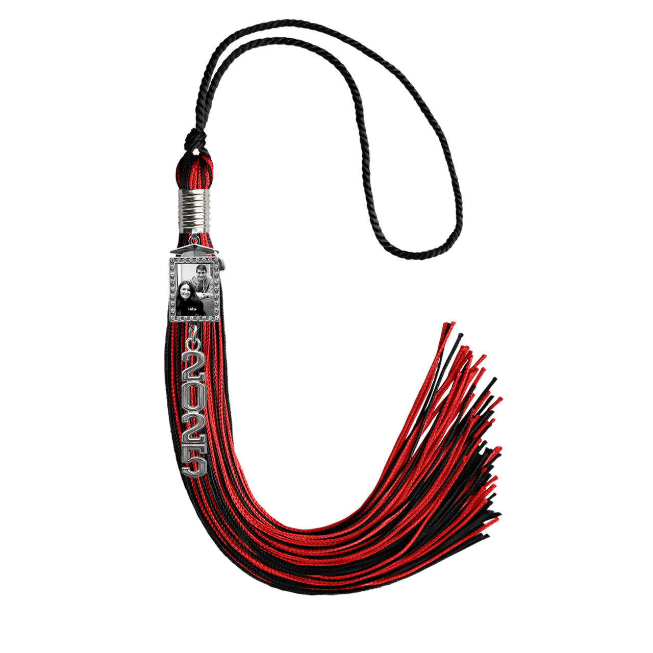 Black/Red Tassel with Photo Frame Charm and Stacked Date Drop