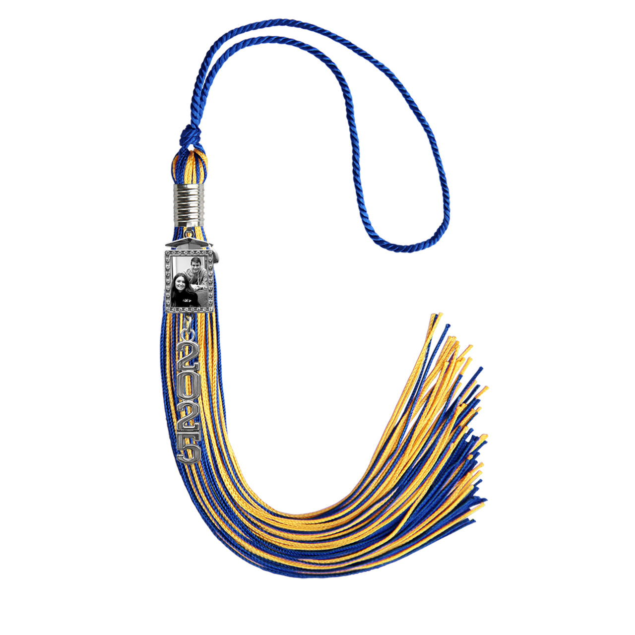 Royal Blue/Gold Tassel with Photo Frame Charm and Stacked Date Drop