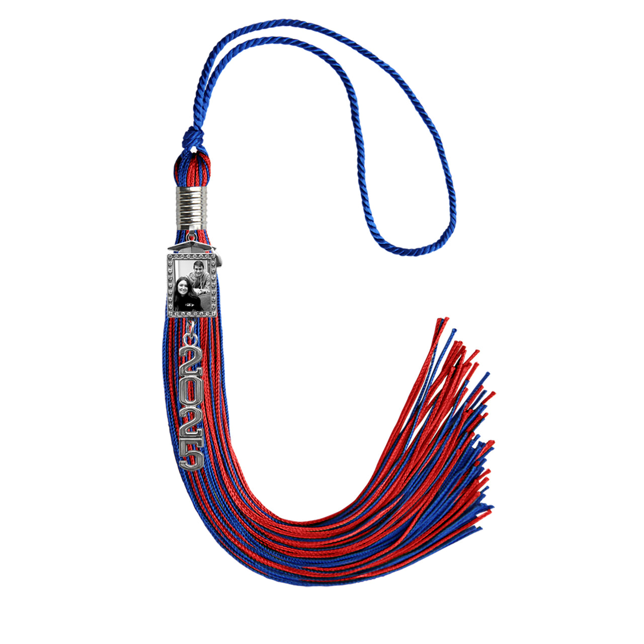 Royal Blue/Red Tassel with Photo Frame Charm and Stacked Date Drop