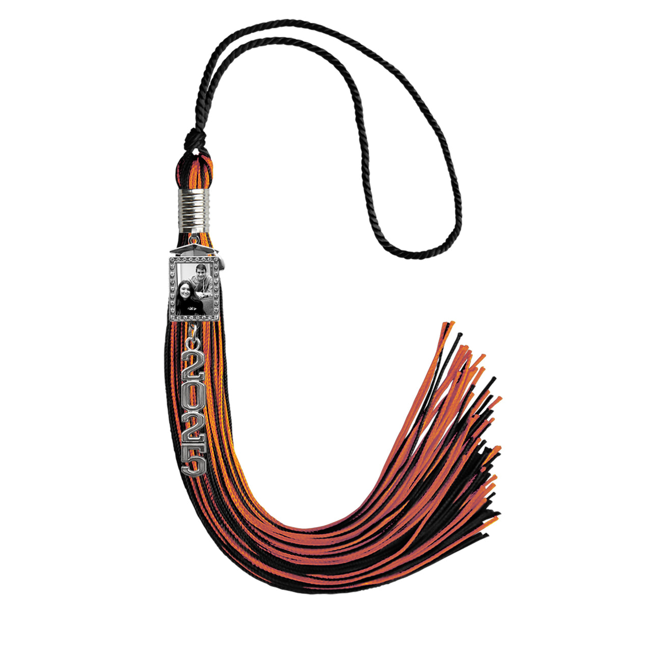 Black/Orange Tassel with Photo Frame Charm and Stacked Date Drop