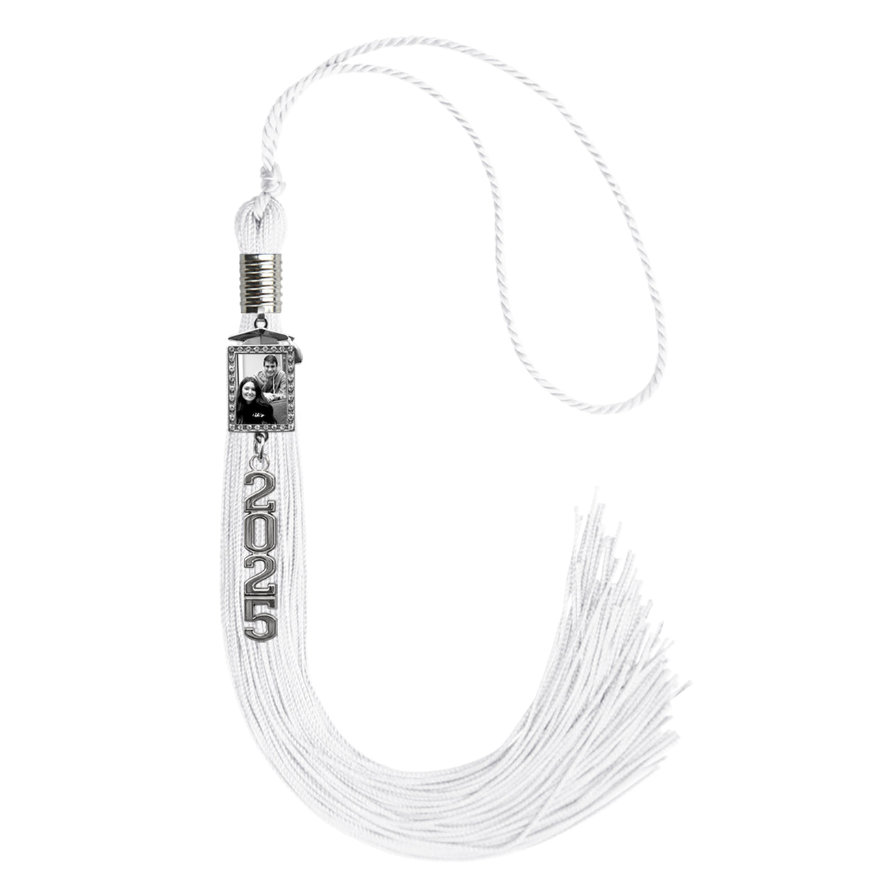 White Tassel with Photo Frame Charm and Stacked Date Drop