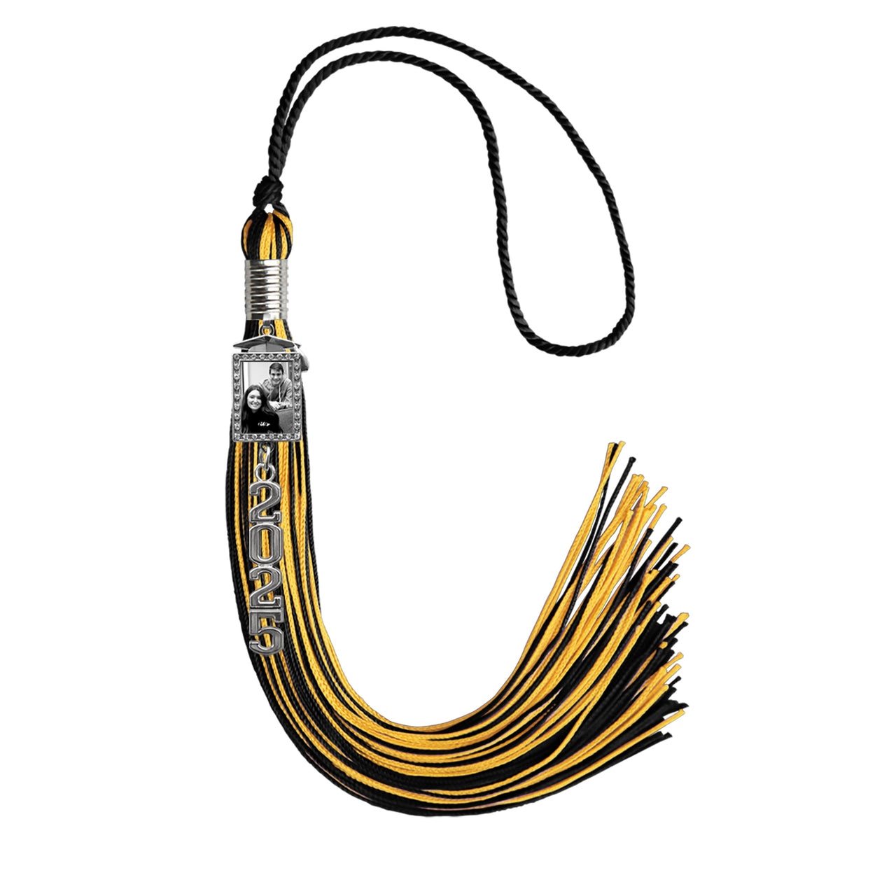 Black/Gold Tassel with Photo Frame Charm and Stacked Date Drop