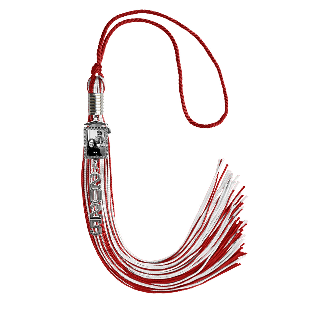 Red/White Tassel with Photo Frame Charm and Stacked Date Drop