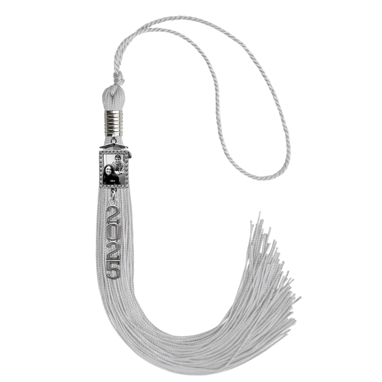 Silver Tassel with Photo Frame Charm and Stacked Date Drop