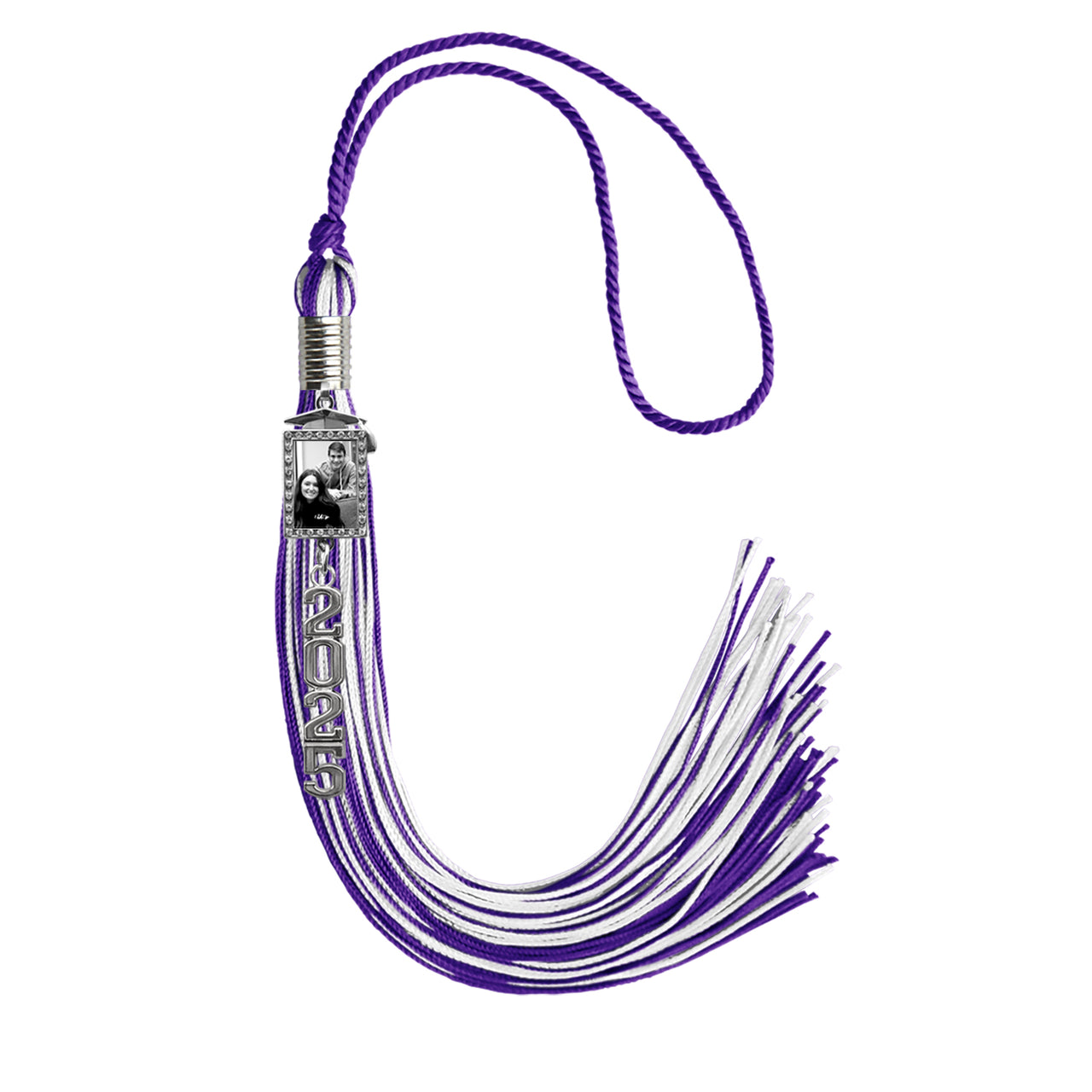 Purple/White Tassel with Photo Frame Charm and Stacked Date Drop