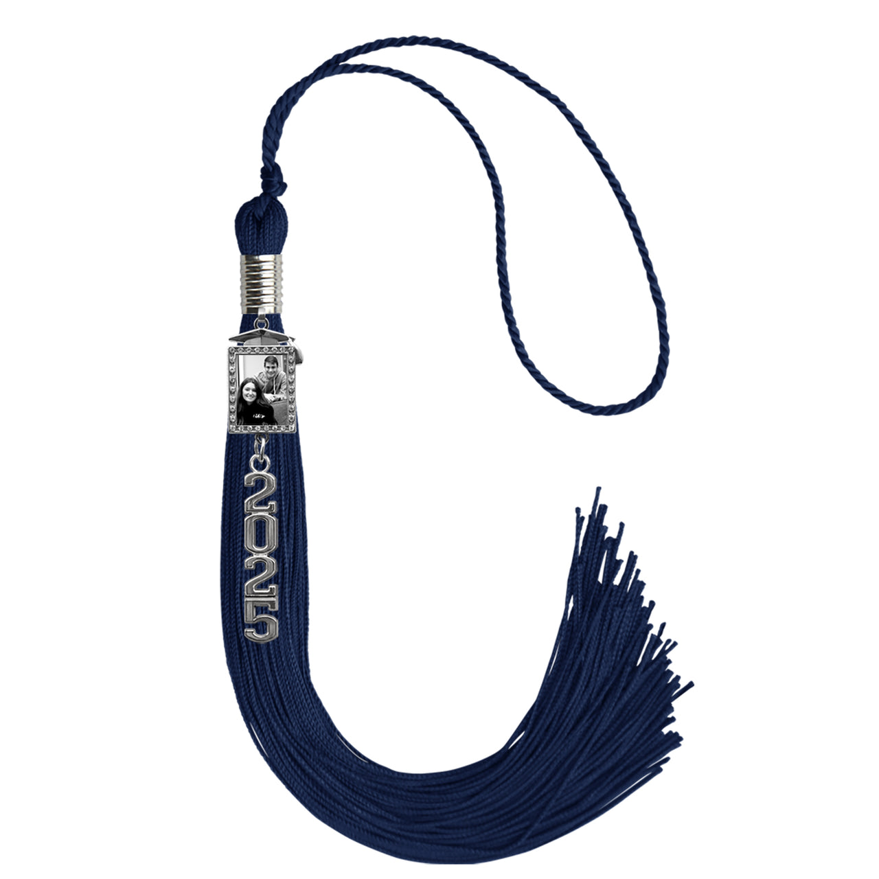 Navy Blue Tassel with Photo Frame Charm and Stacked Date Drop