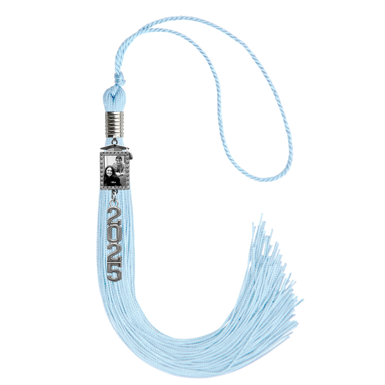 Light Blue Tassel with Photo Frame Charm and Stacked Date Drop