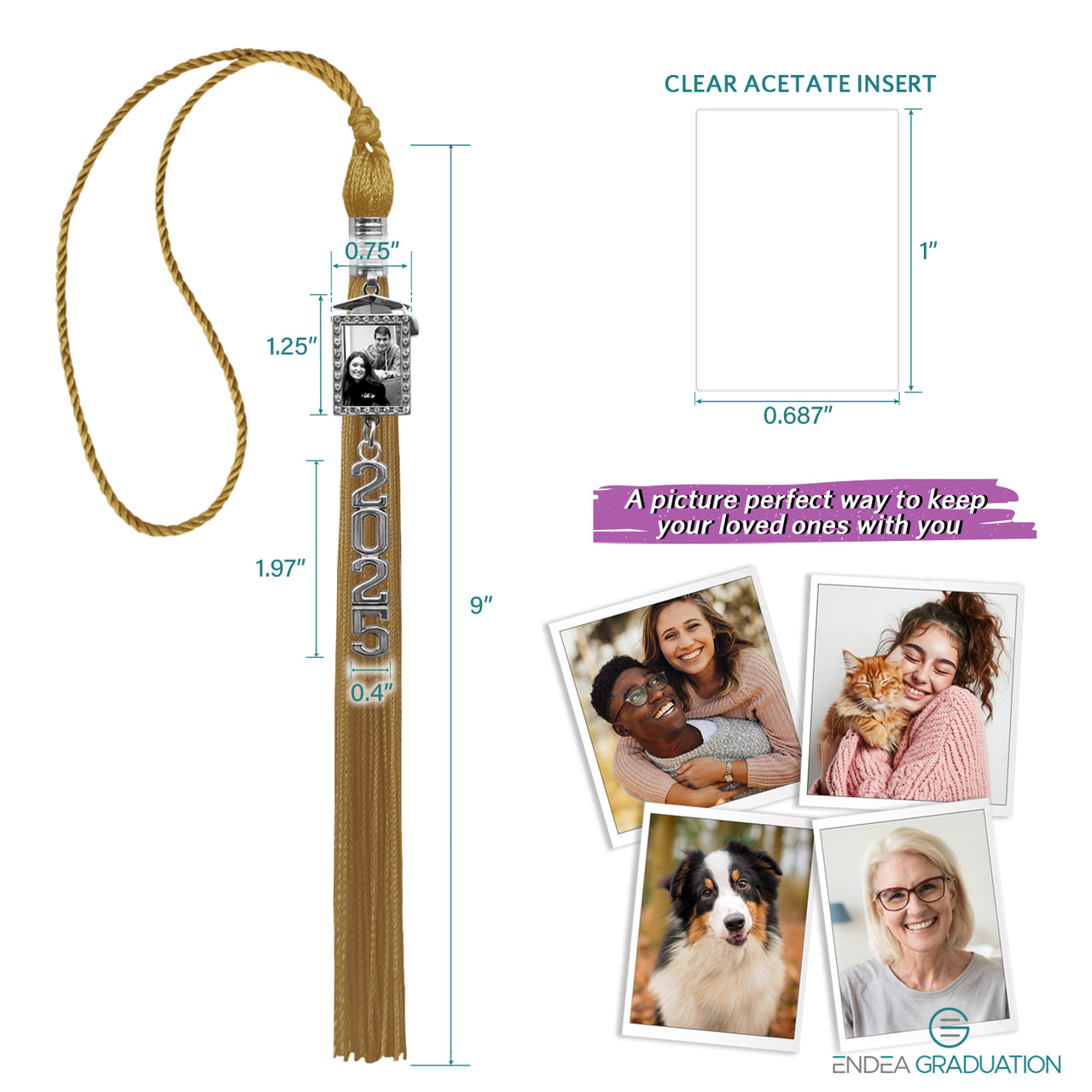 Antique Gold Tassel with Photo Frame Charm and Stacked Date Drop