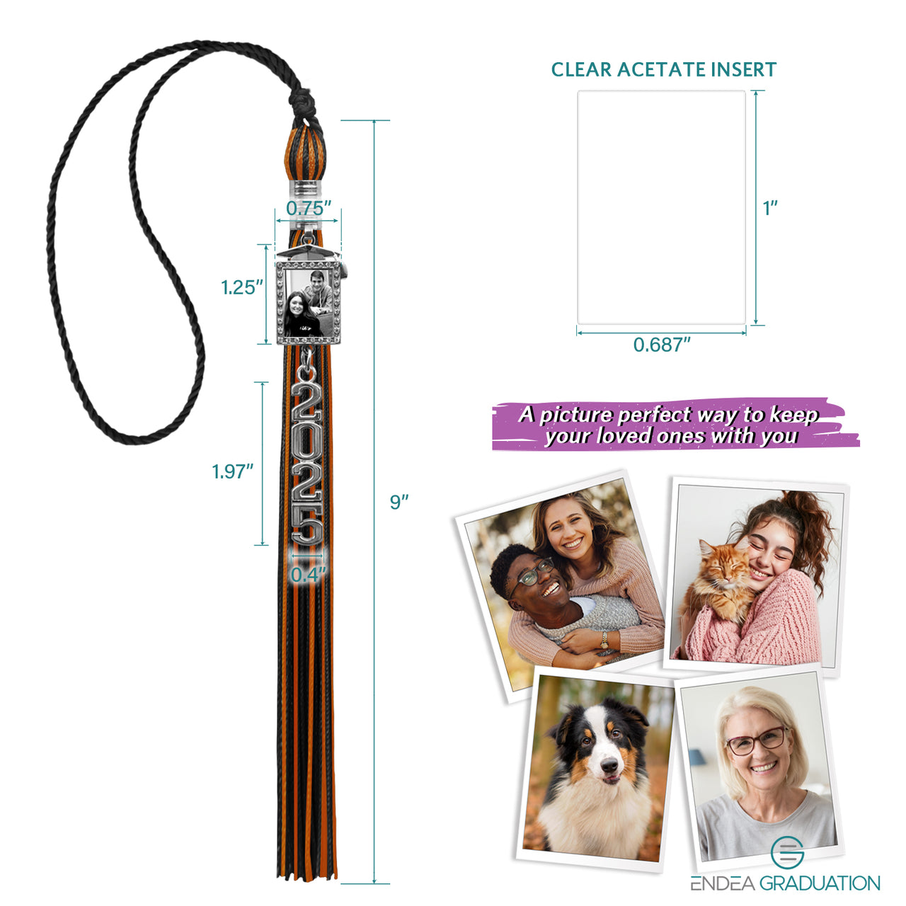 Black/Orange Tassel with Photo Frame Charm and Stacked Date Drop