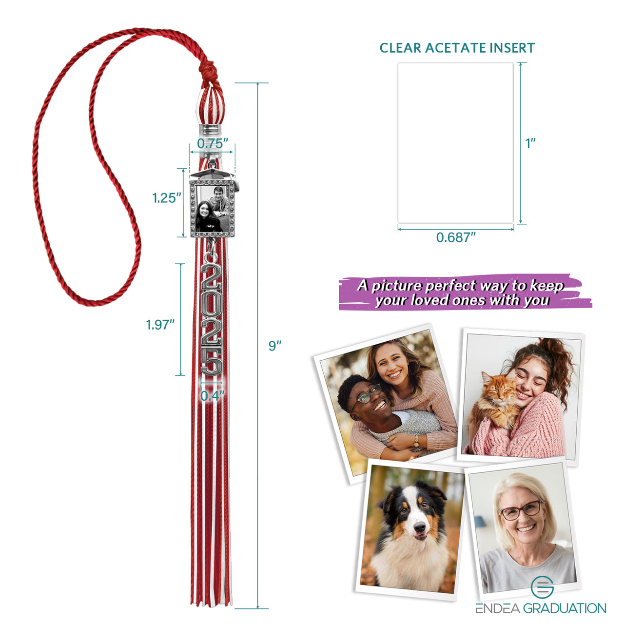 Red/White Tassel with Photo Frame Charm and Stacked Date Drop