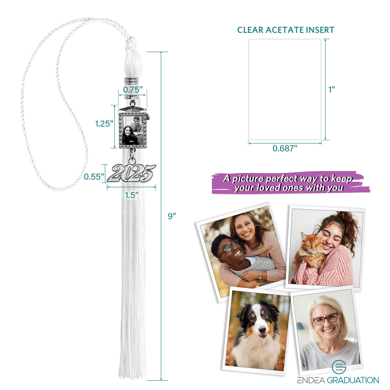 White Tassel with Photo Frame Charm and Year Date Drop