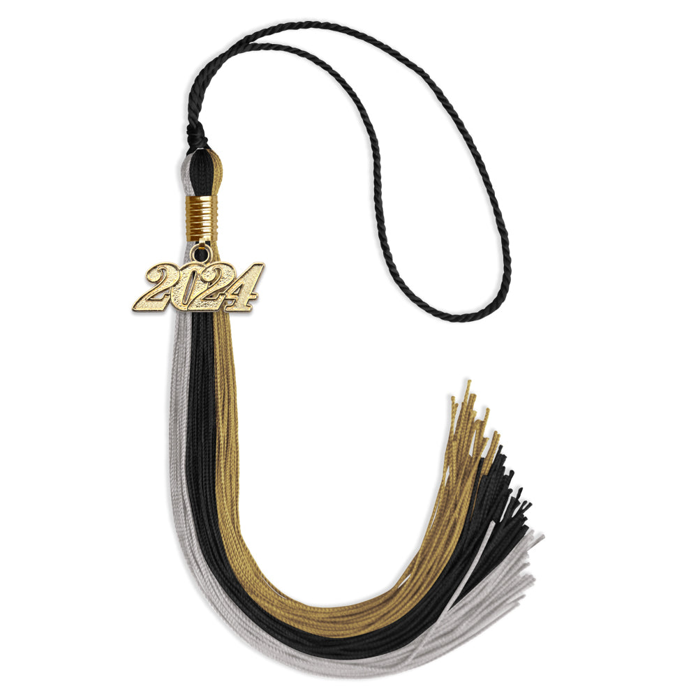 Black/Grey/Antique Gold Graduation Tassel with Gold Date Drop