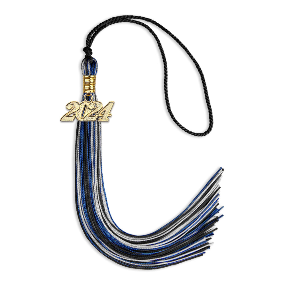 Black/Royal Blue/Silver Mixed Color Graduation Tassel with Gold Date Drop