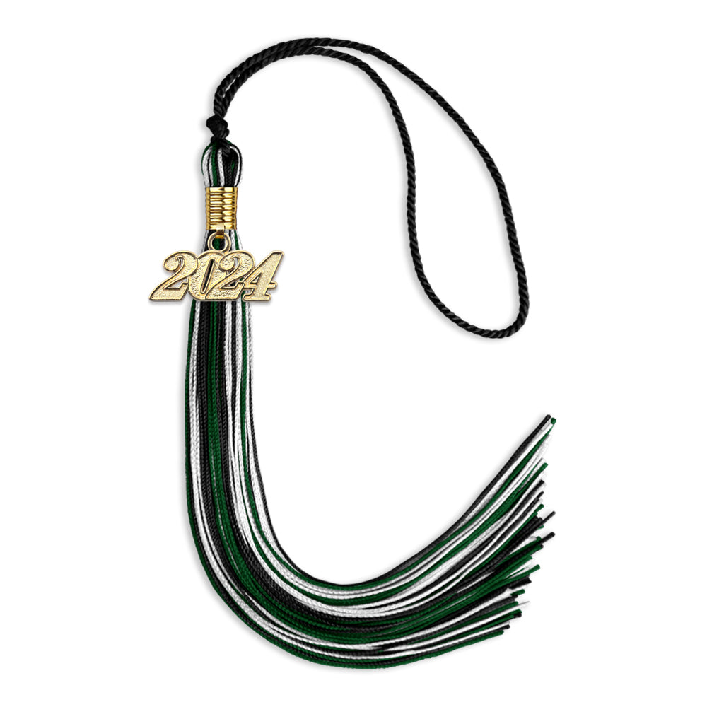 Black/Hunter Green/White Mixed Color Graduation Tassel with Gold Date Drop