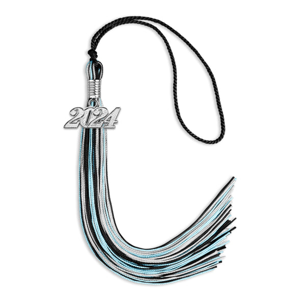 Black/Light Blue/Silver Mixed Color Graduation Tassel With Silver Date Drop