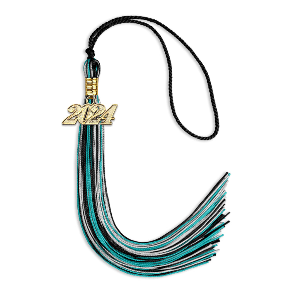 Black/Peacock/Silver Mixed Color Graduation Tassel with Gold Date Drop