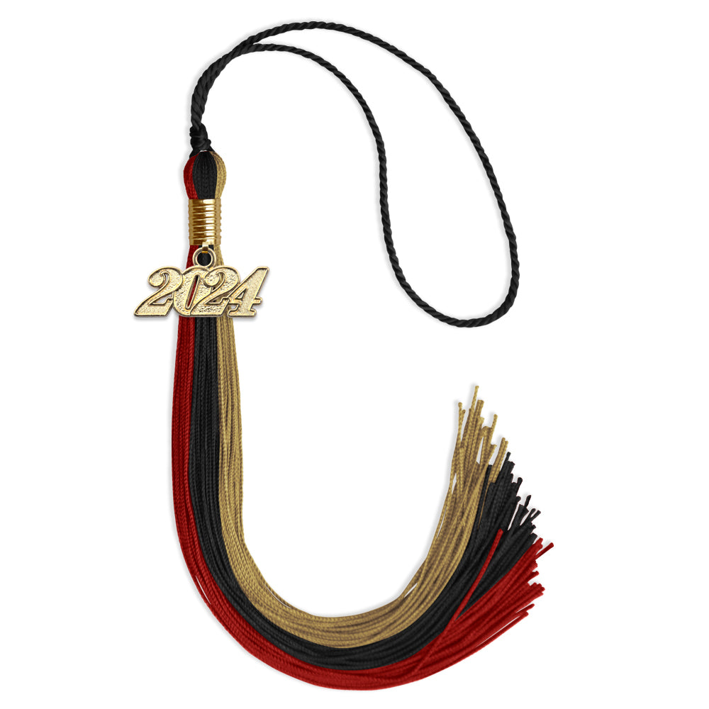 Black/Red/Antique Gold Graduation Tassel with Gold Date Drop