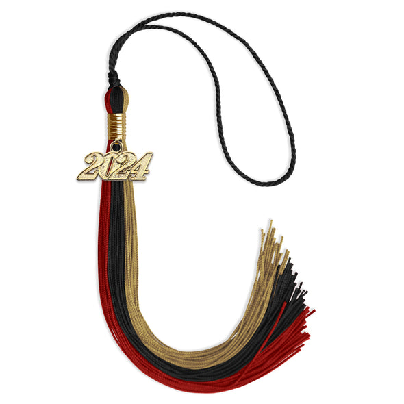 Black/Red/Antique Gold Graduation Tassel With Gold Date Drop