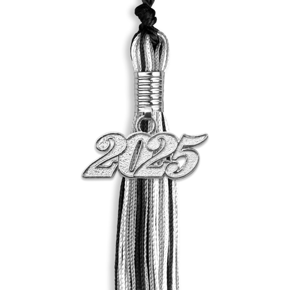 Black/Silver/White Mixed Color Graduation Tassel with Silver Date Drop