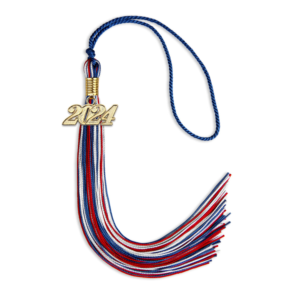 Royal Blue/Red/White Mixed Color Graduation Tassel with Gold Date Drop