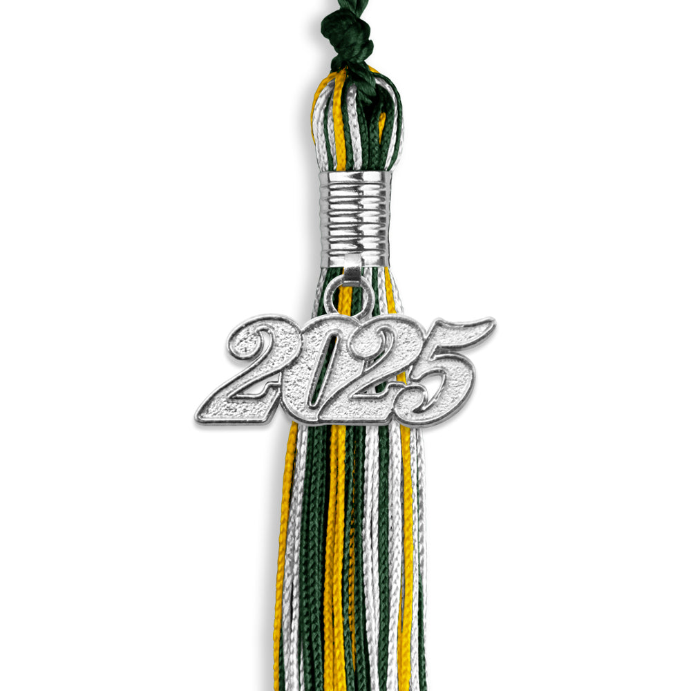 Hunter Green/Gold/White Mixed Color Graduation Tassel with Silver Date Drop