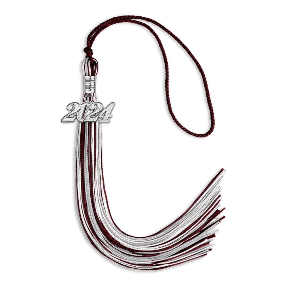 Maroon/Silver/White Mixed Color Graduation Tassel with Silver Date Drop