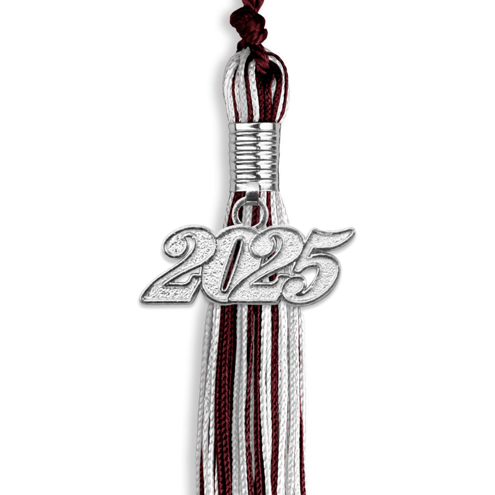 Maroon/Silver/White Mixed Color Graduation Tassel with Silver Date Drop