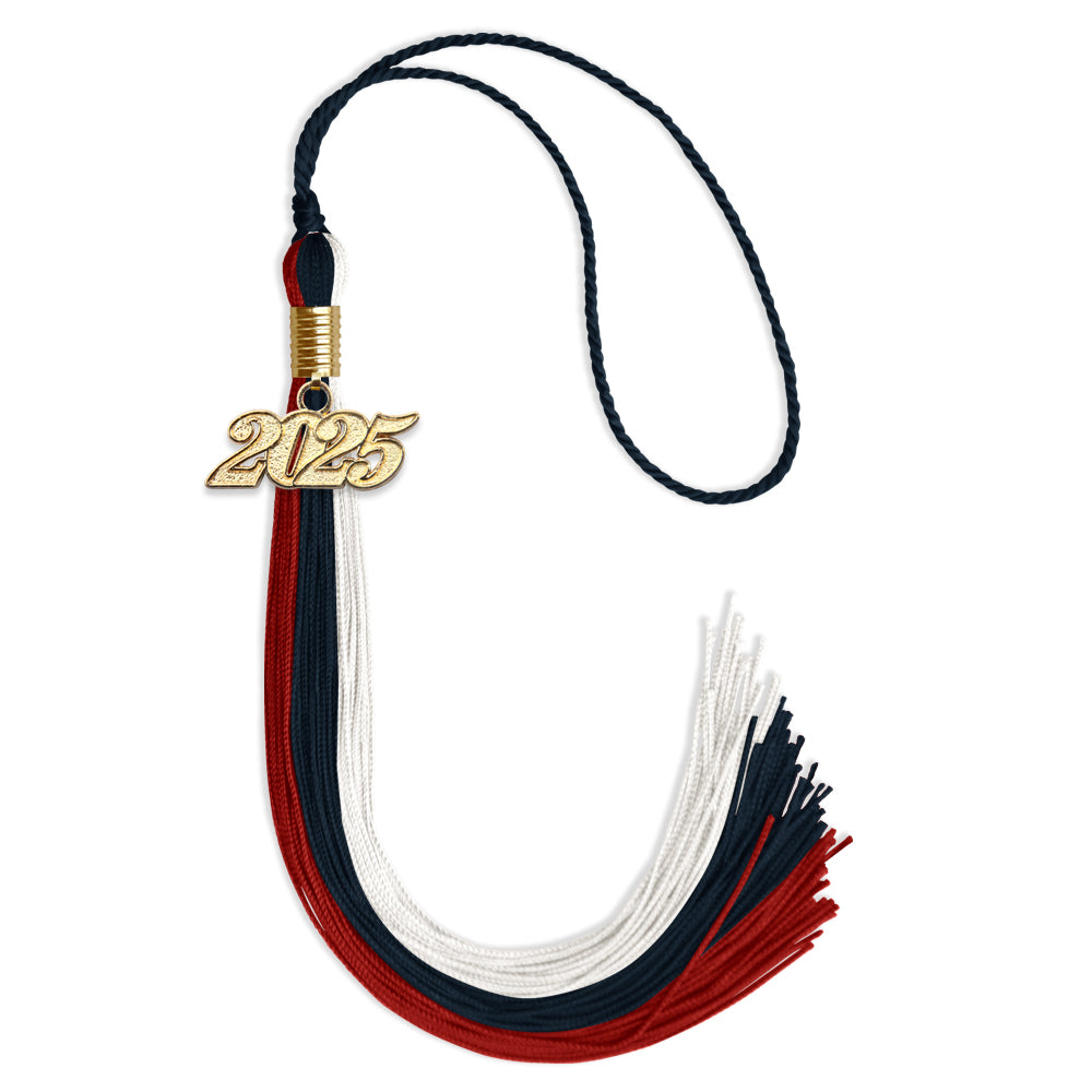 Dark Navy Blue/Red/White Graduation Tassel with Gold Date Drop