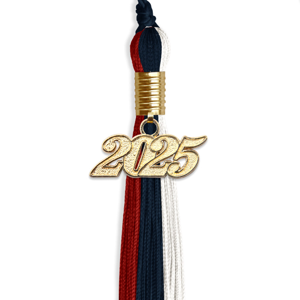 Dark Navy Blue/Red/White Graduation Tassel with Gold Date Drop