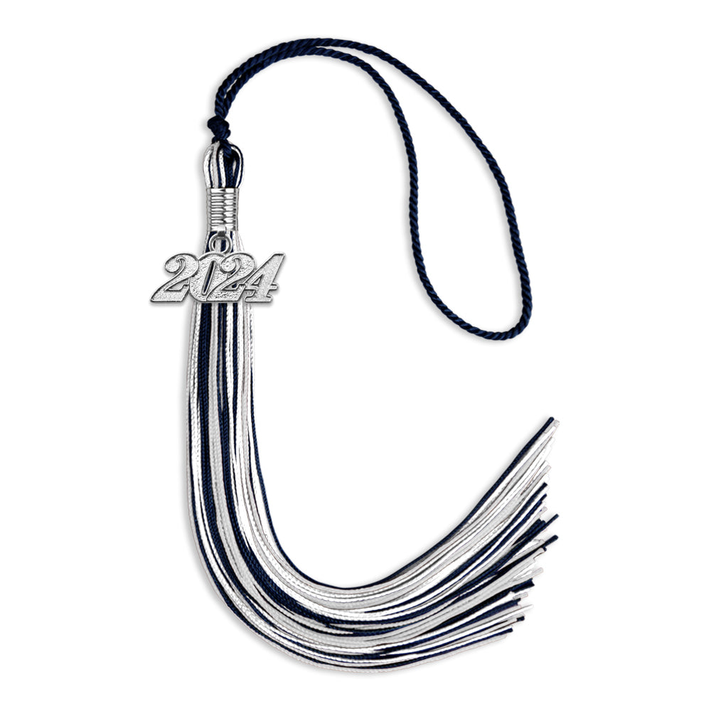 Navy Blue/Silver/White Mixed Color Graduation Tassel with Silver Date Drop