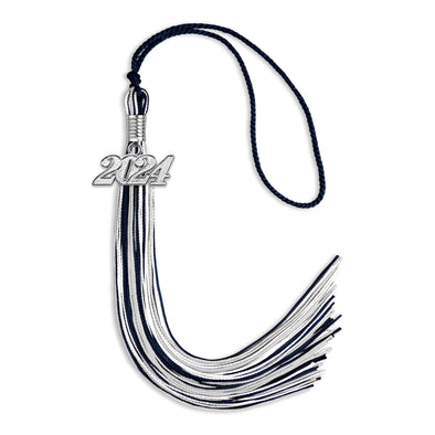 Navy Blue/Silver/White Mixed Color Graduation Tassel With Silver Date Drop