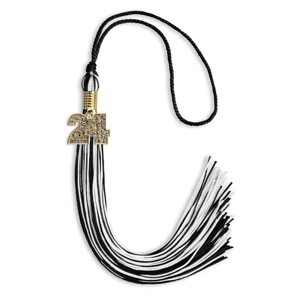 Black/White Mixed Color Graduation Tassel with Gold Bling Charm by Endea Graduation