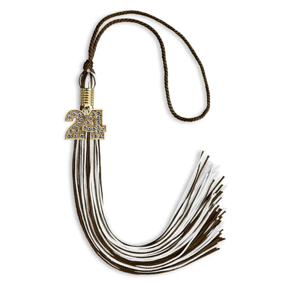 Brown/White Mixed Color Graduation Tassel with Gold Bling Charm by Endea Graduation