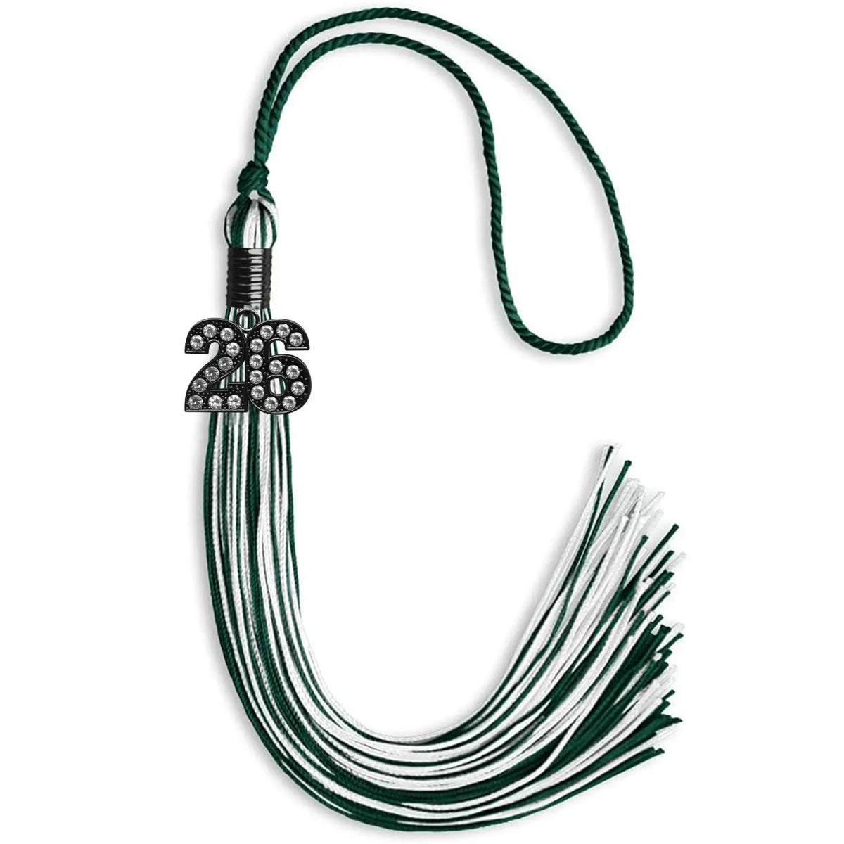 Hunter Green/White Mixed Color Graduation Tassel with Black Bling Charm by Endea Graduation