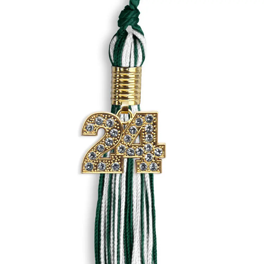 Hunter Green/White Mixed Color Graduation Tassel with Gold Bling Charm by Endea Graduation