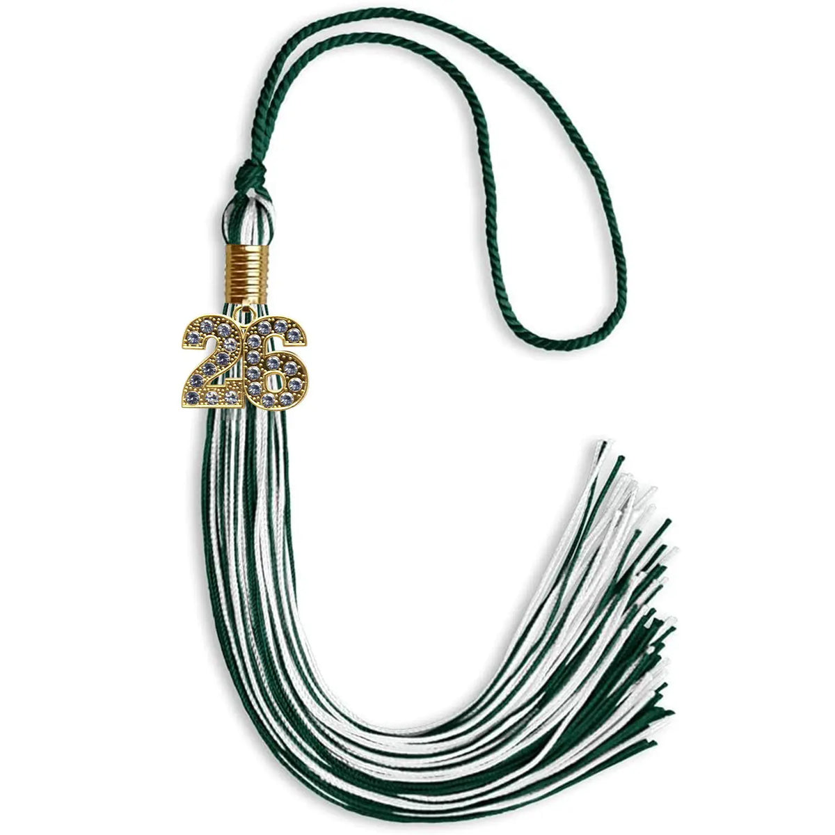 Hunter Green/White Mixed Color Graduation Tassel with Gold Bling Charm by Endea Graduation