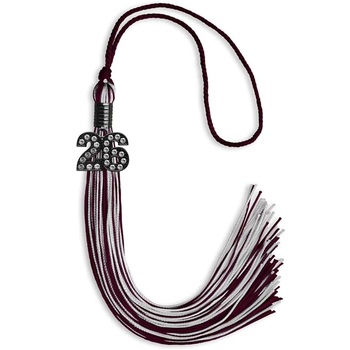 Maroon/Silver Mixed Color Graduation Tassel with Black Bling Charm by Endea Graduation