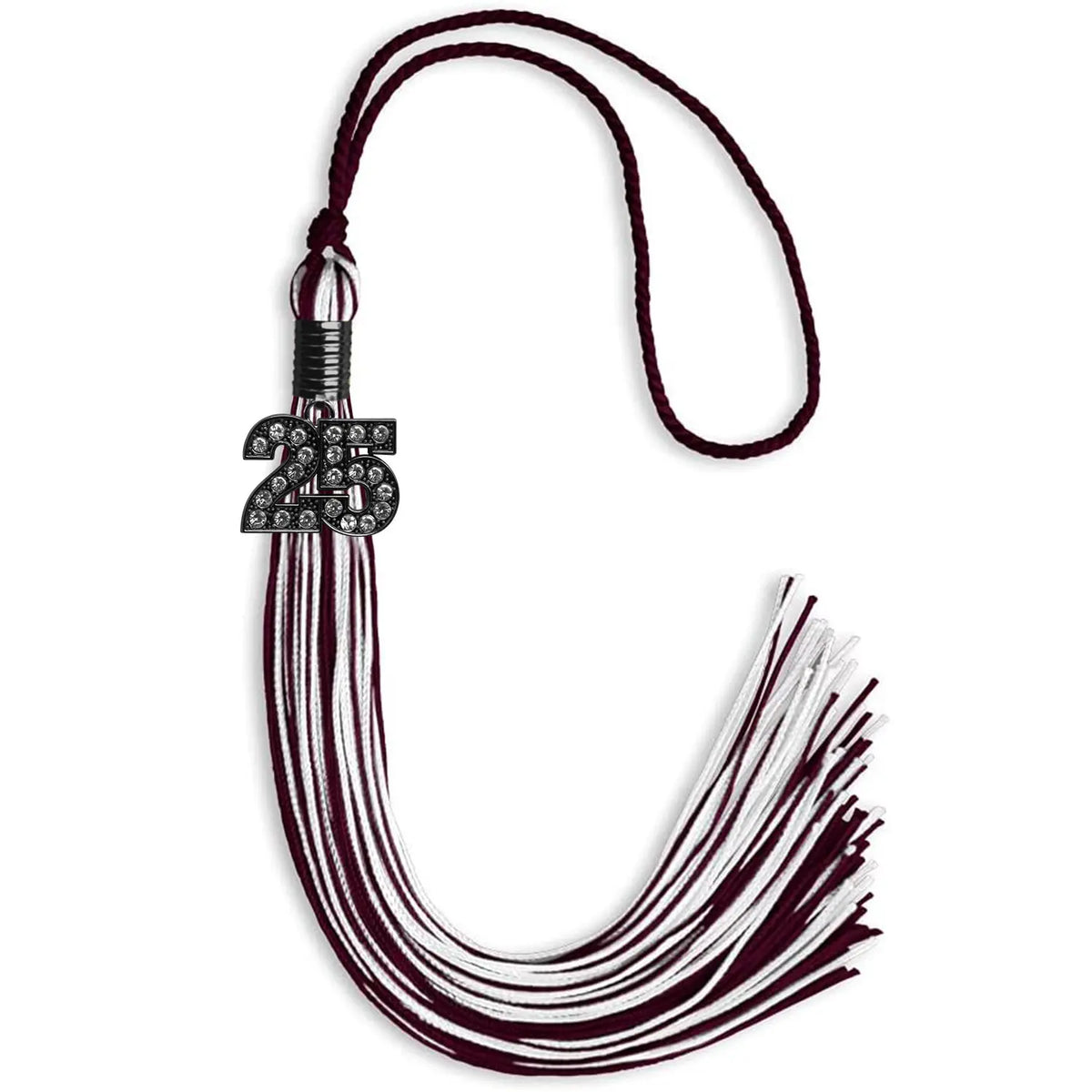Maroon/White Mixed Color Graduation Tassel with Black Bling Charm by Endea Graduation