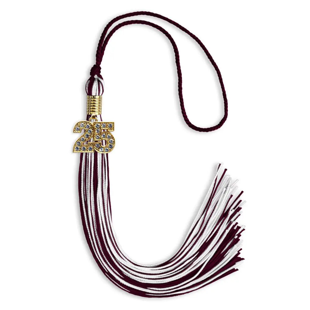 Maroon/White Mixed Color Graduation Tassel with Gold Bling Charm by Endea Graduation
