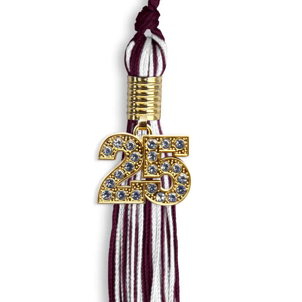 Maroon/White Mixed Color Graduation Tassel with Gold Bling Charm by Endea Graduation