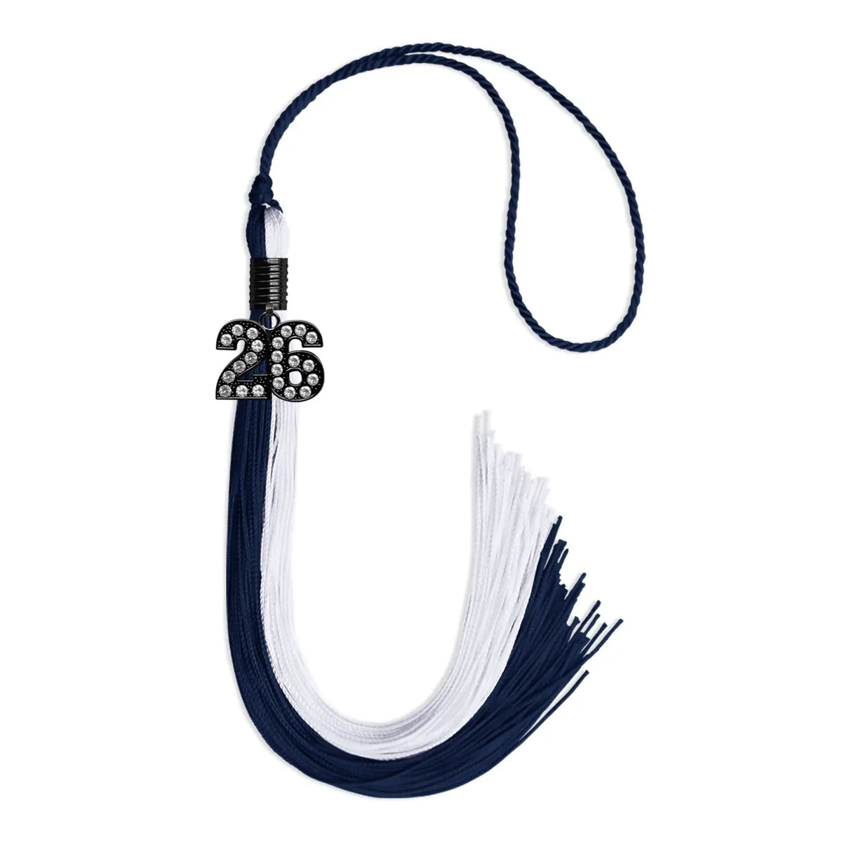Navy Blue/White Graduation Tassel with Black Bling Charm by Endea Graduation