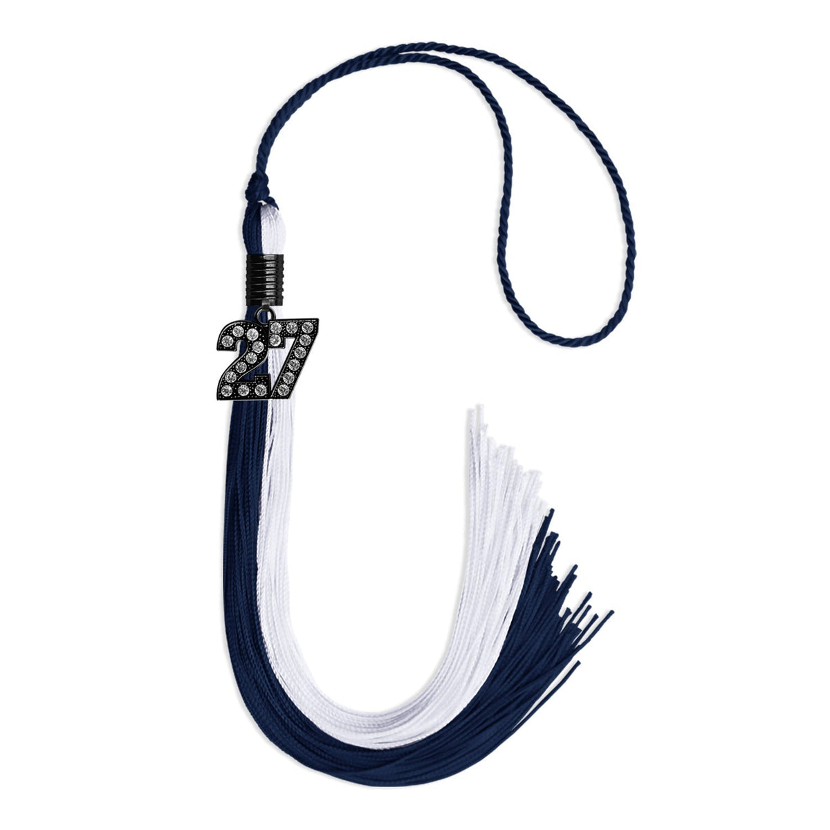 Navy Blue/White Graduation Tassel with Black Bling Charm by Endea Graduation