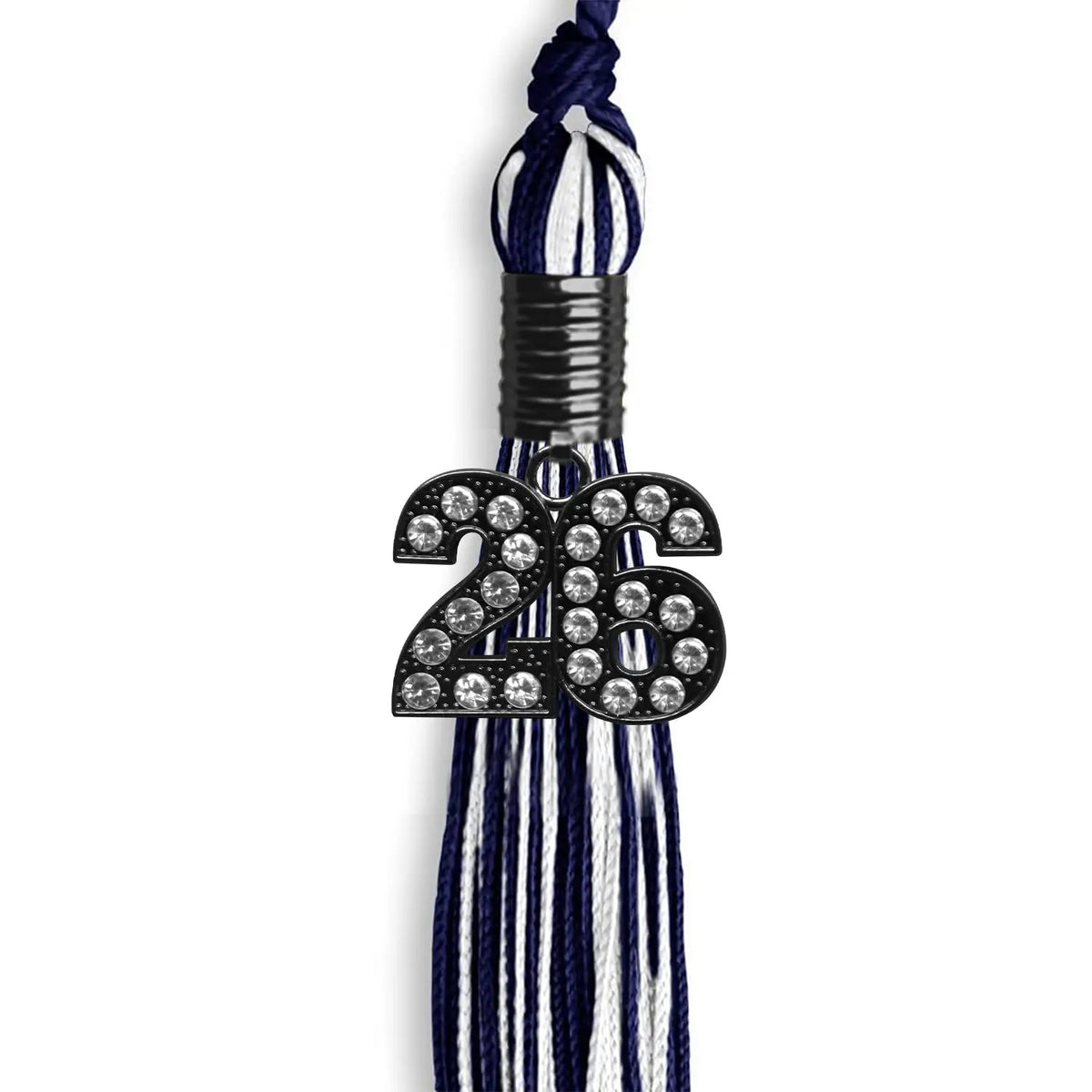 Navy Blue/White Mixed Color Graduation Tassel with Black Bling Charm by Endea Graduation