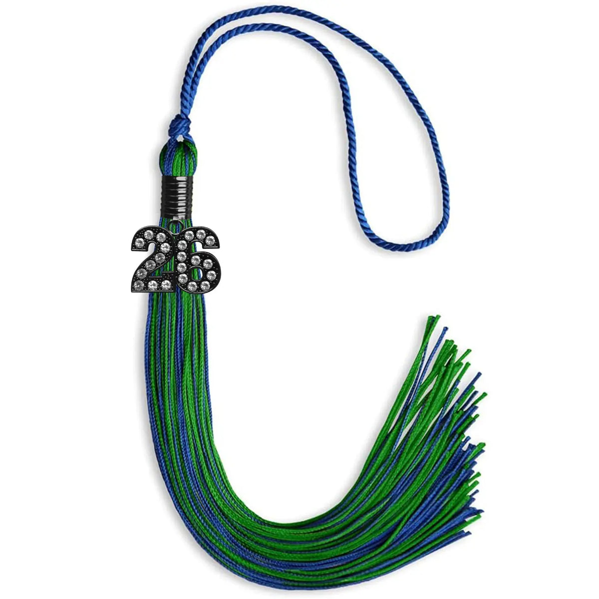 Royal Blue/Green Mixed Color Graduation Tassel with Black Bling Charm by Endea Graduation