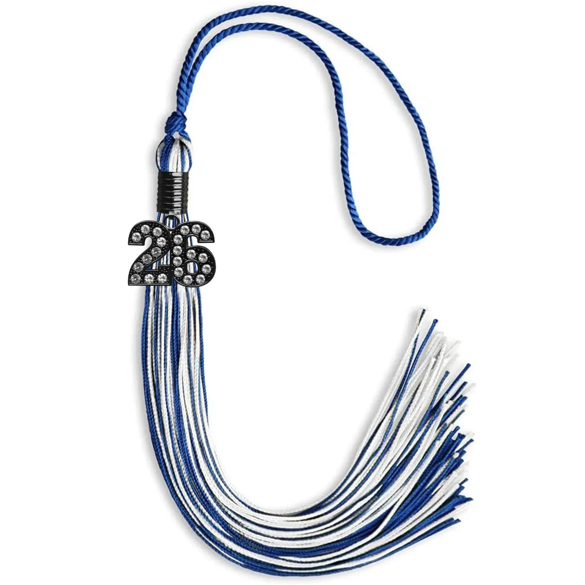 Royal Blue/White Mixed Color Graduation Tassel with Black Bling Charm by Endea Graduation