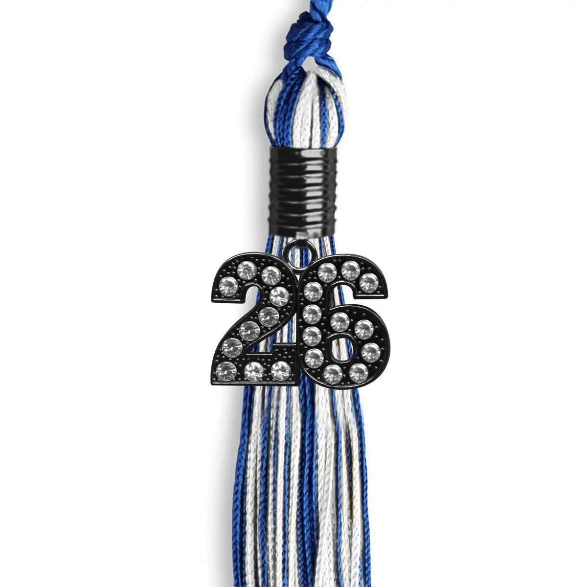 Royal Blue/White Mixed Color Graduation Tassel with Black Bling Charm by Endea Graduation