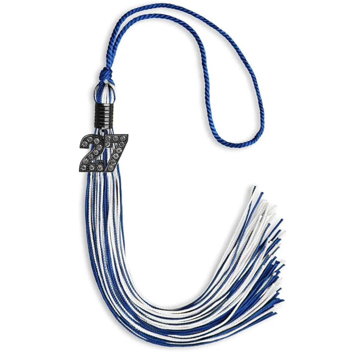 Royal Blue/White Mixed Color Graduation Tassel with Black Bling Charm by Endea Graduation